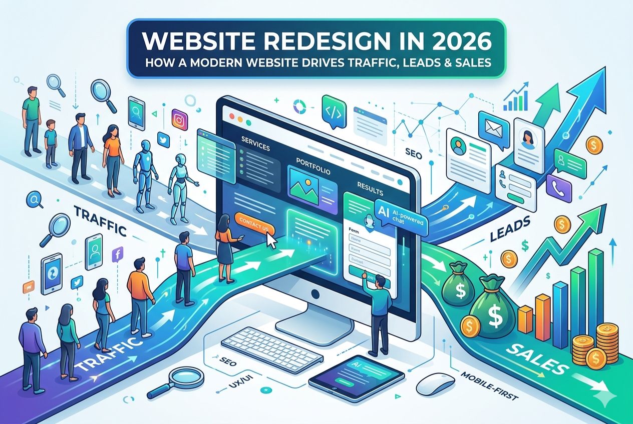 Website Redesign in 2026 showing how a modern website boosts traffic, generates leads, and increases sales
