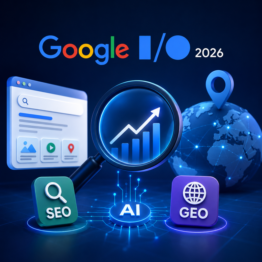 Google I/O 2026 announcement highlighting the future of SEO and GEO with AI-powered search, analytics, search optimization, and global digital marketing concepts.